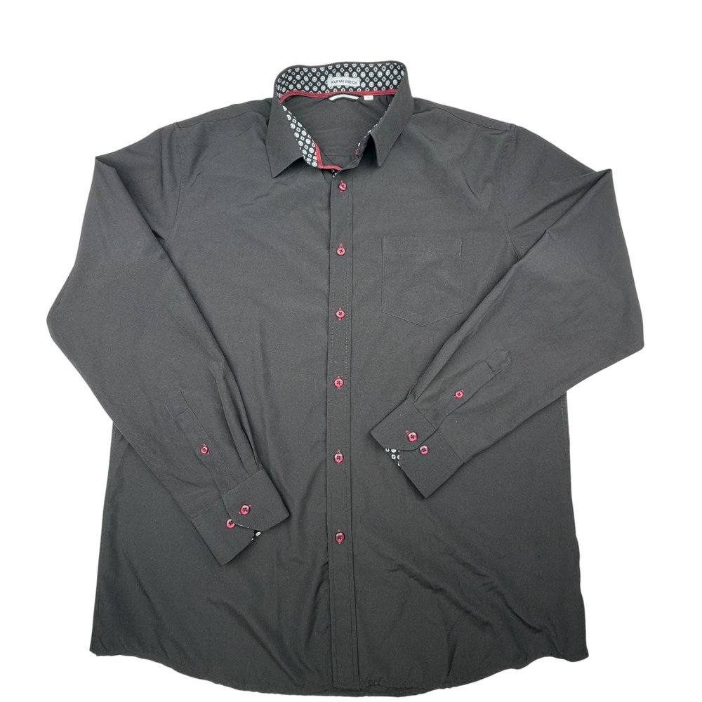 Men's Large Black 4-Way Stretch Button Up Shirt Red Buttons Contrast Collar
